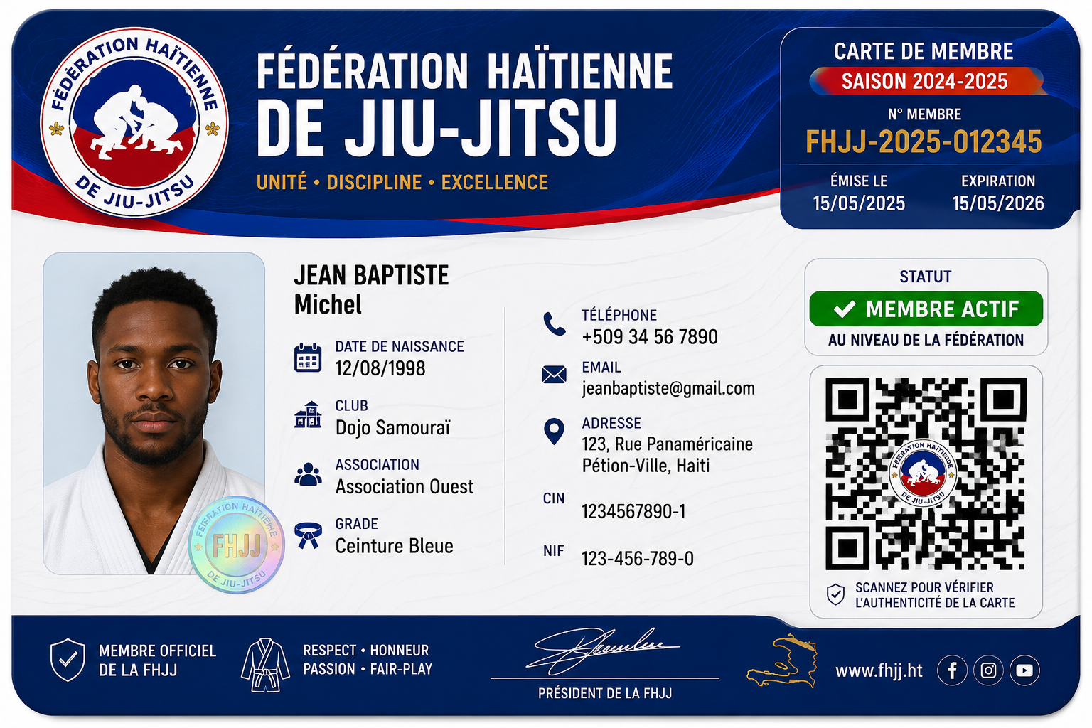 Carte de membre officielle FHJJ — exemplaire